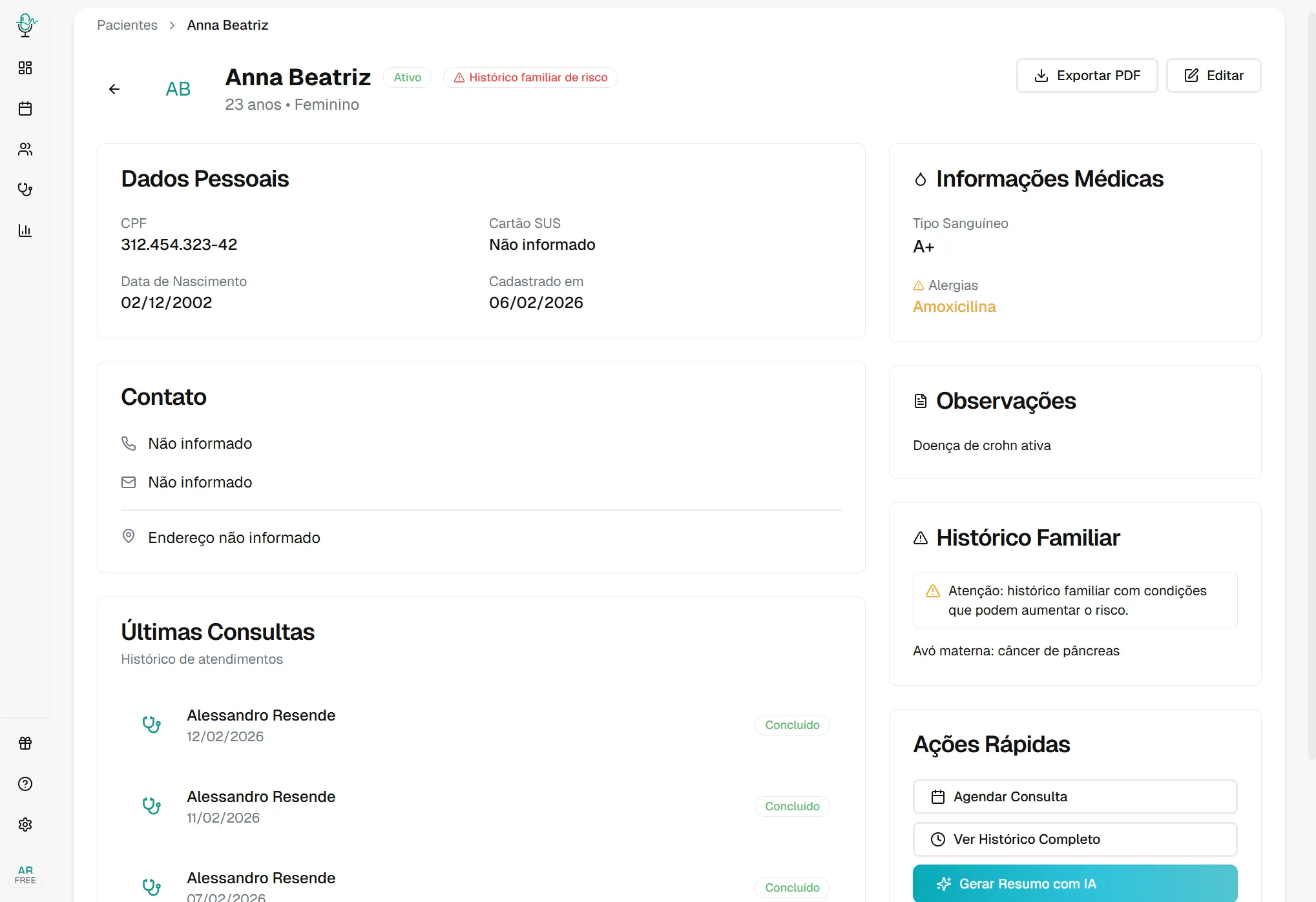 Histórico completo e organizado